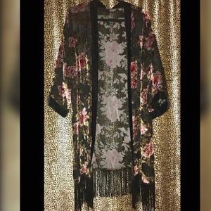 Vintage style kimono wrap cardigan with fringe